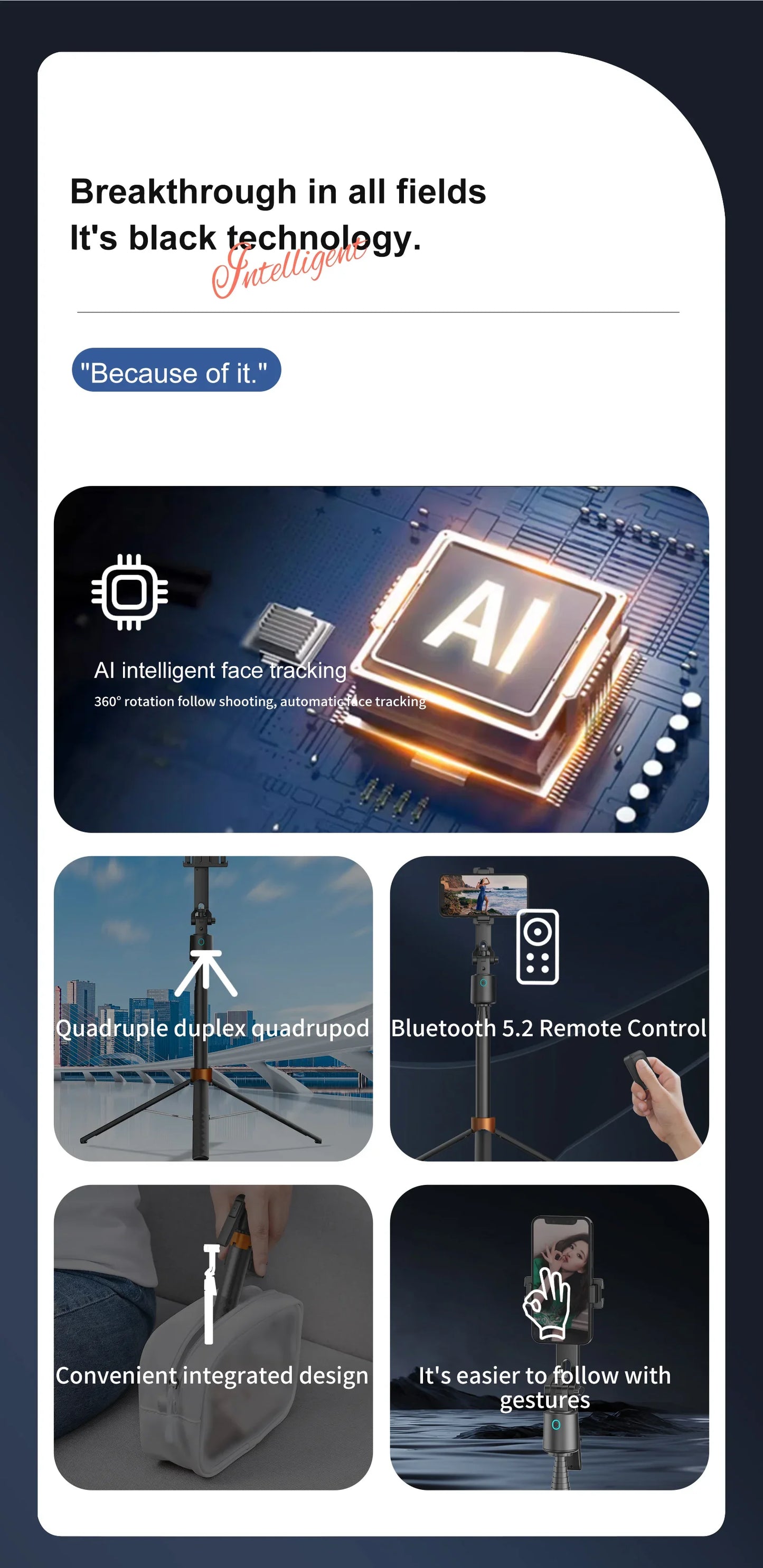 Tripod with Facial Tracking, 180 cm, 360° Rotation and Selfie Stick