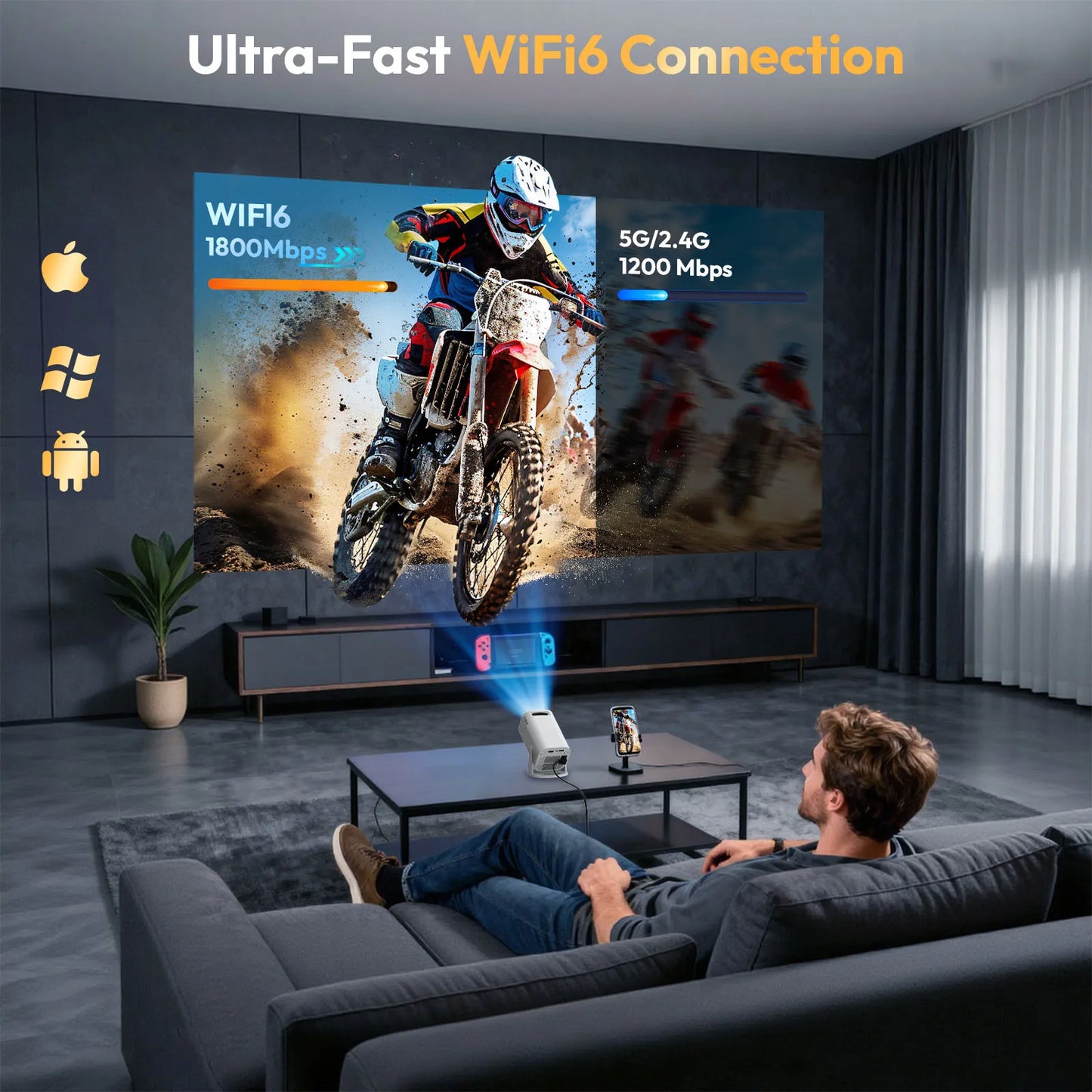 Home Theater and Portable Wifi6 Android Projector 1280 720P.