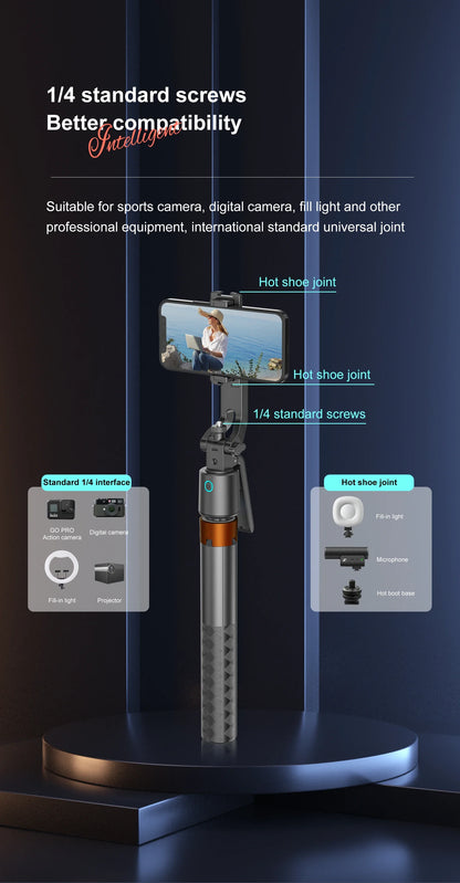 Tripod with Facial Tracking, 180 cm, 360° Rotation and Selfie Stick