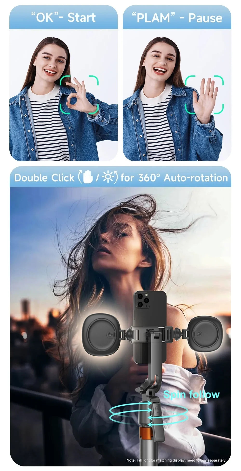 Tripod with Facial Tracking, 180 cm, 360° Rotation and Selfie Stick