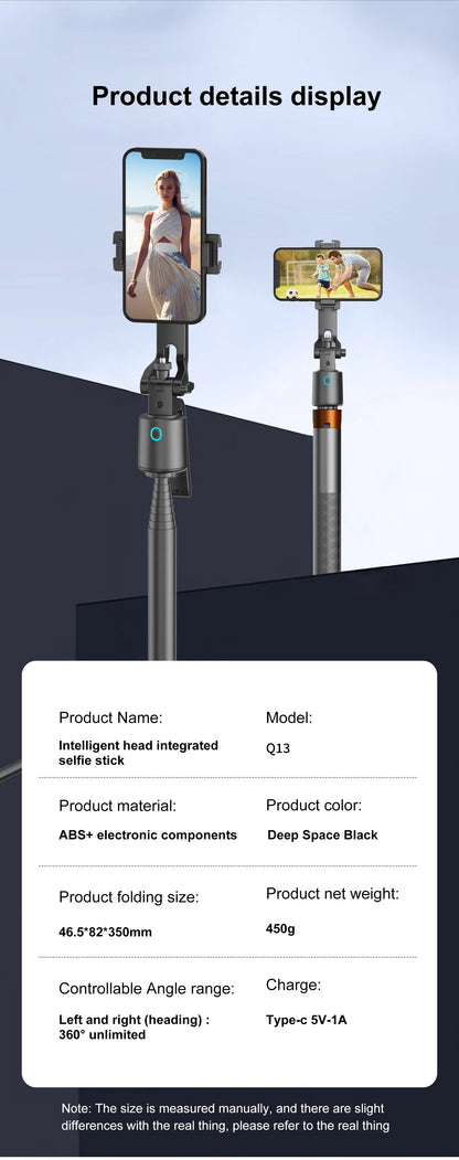 Tripod with Facial Tracking, 180 cm, 360° Rotation and Selfie Stick