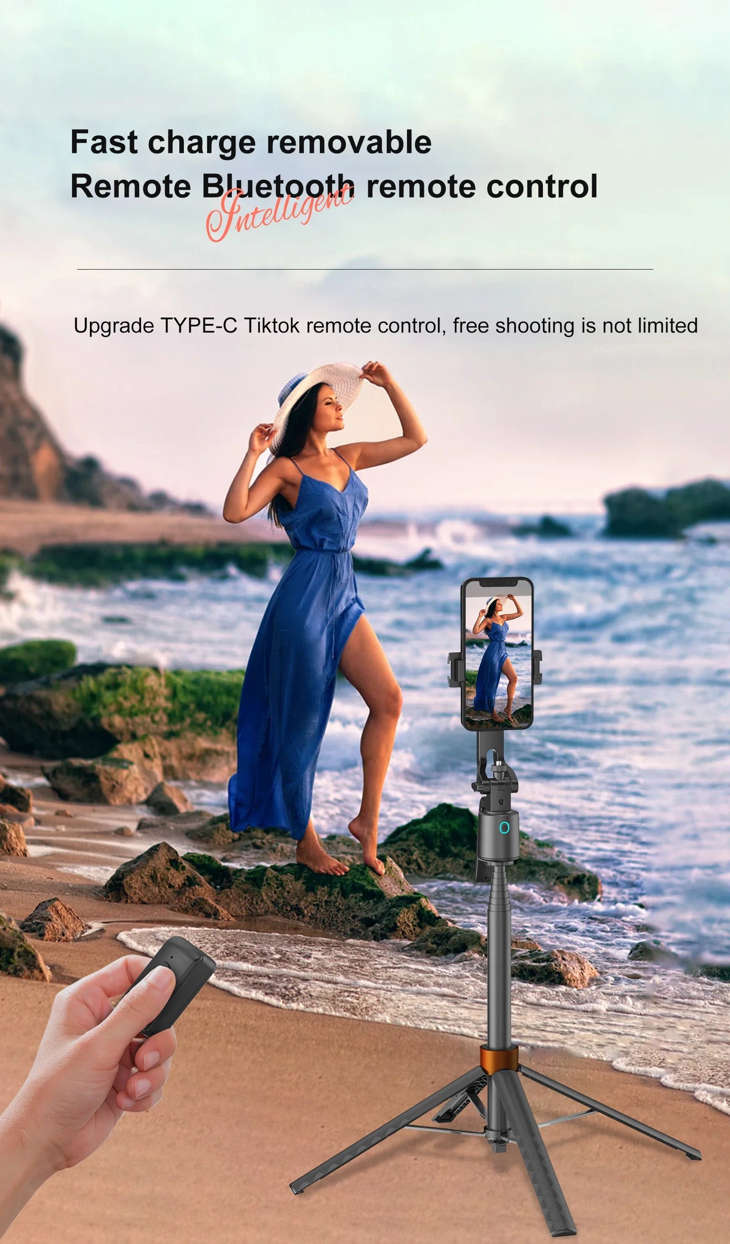 Tripod with Facial Tracking, 180 cm, 360° Rotation and Selfie Stick