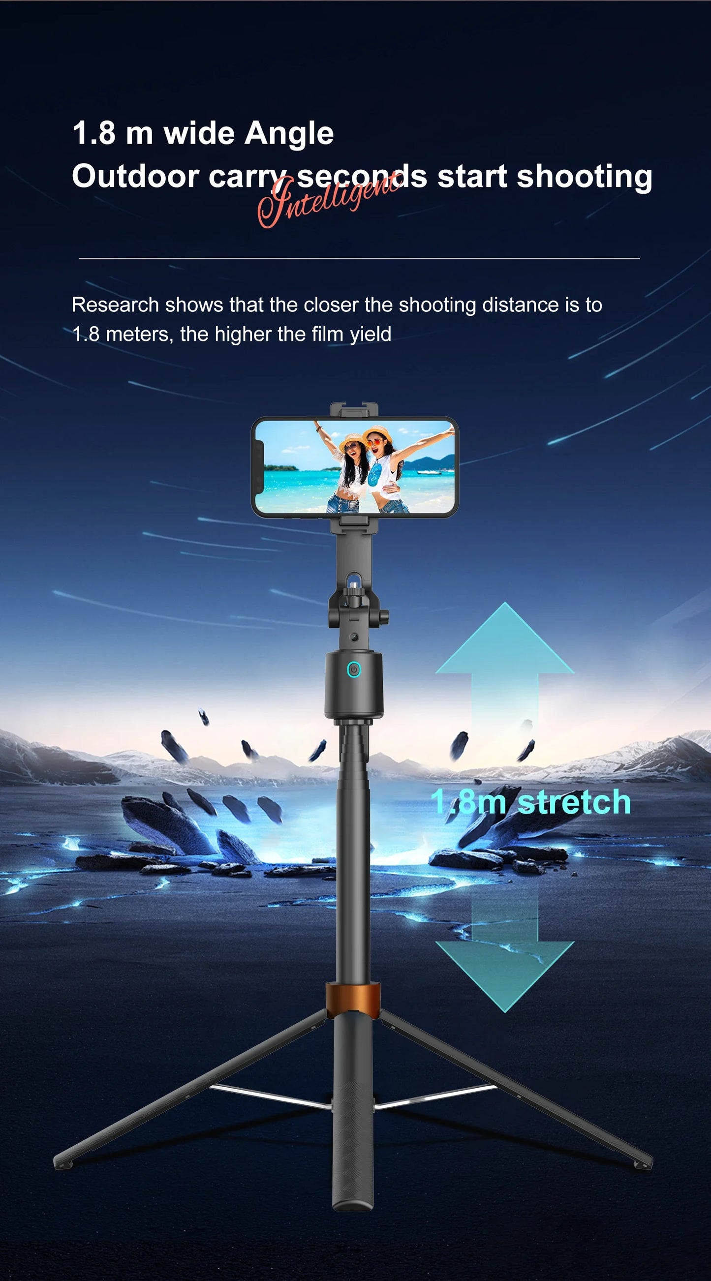 Tripod with Facial Tracking, 180 cm, 360° Rotation and Selfie Stick