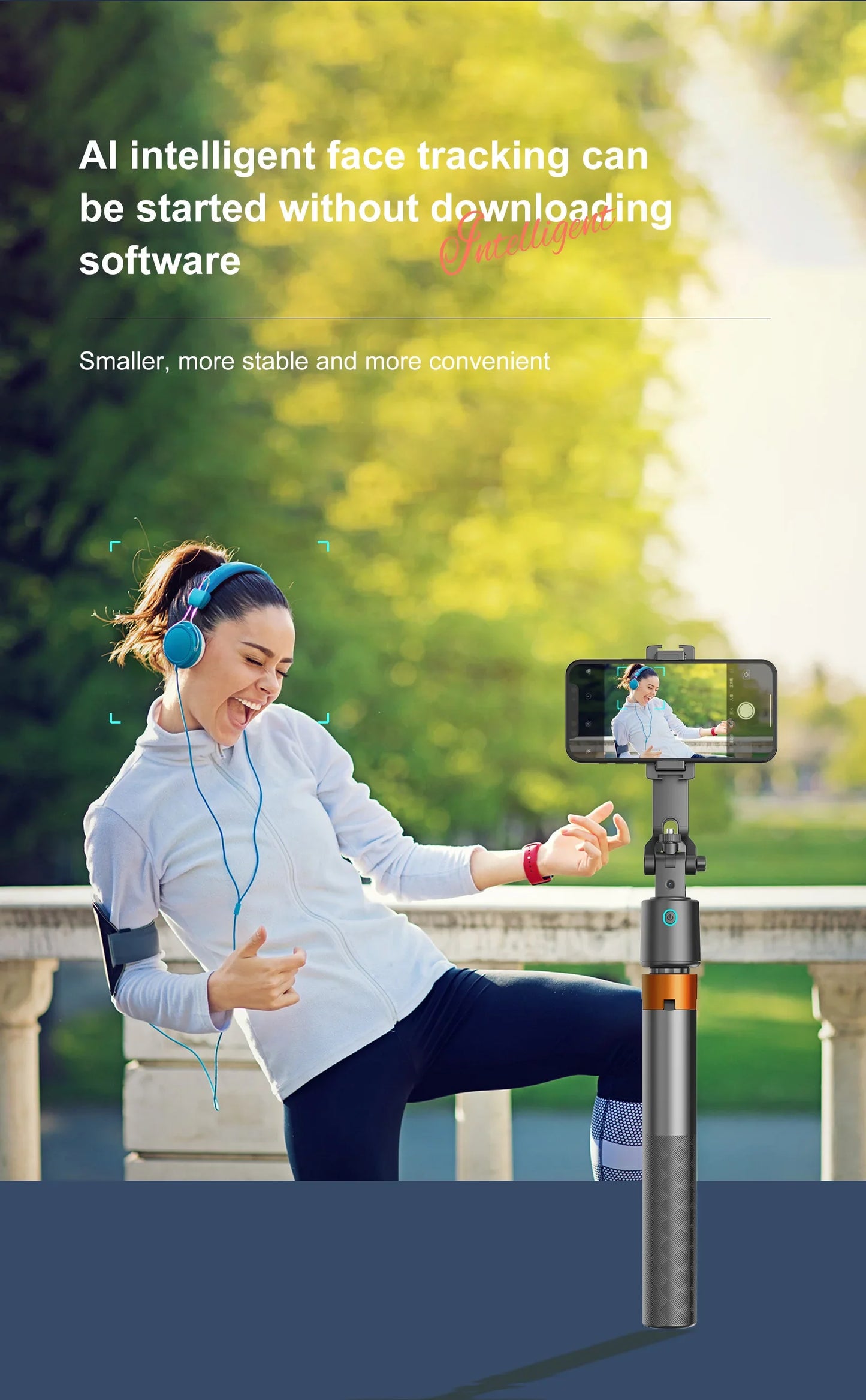 Tripod with Facial Tracking, 180 cm, 360° Rotation and Selfie Stick