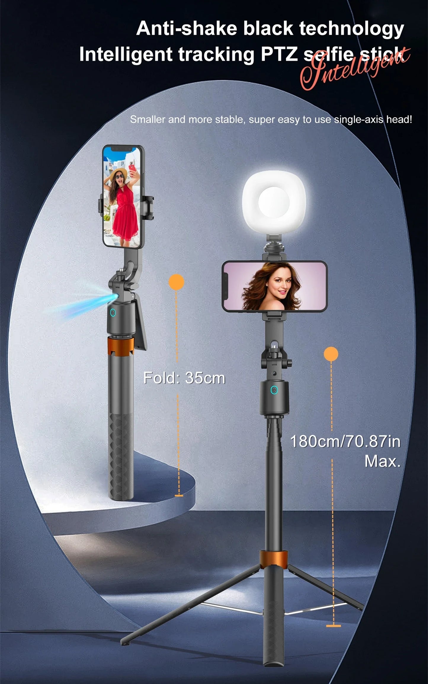 Tripod with Facial Tracking, 180 cm, 360° Rotation and Selfie Stick